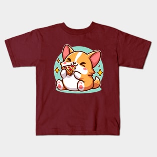 Kawaii Corgi Puppy Eating Pizza Adorable Dog Foodie Kids T-Shirt